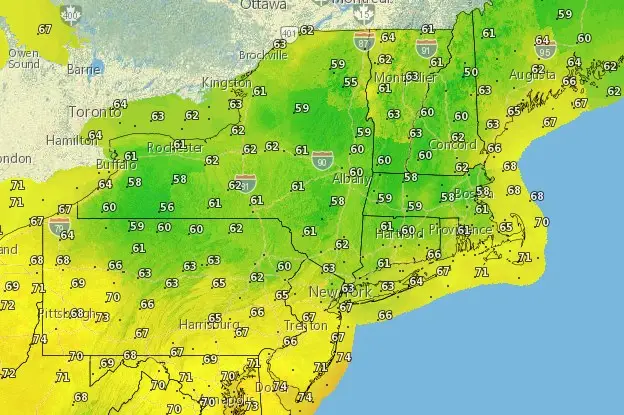 Dew points across the northeast via the National Weather Service